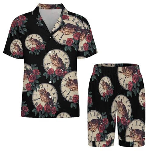 Owl Rose Flowers Clock Mens Pajamas Set Short Sleeve Sleepwear Summer Pjs Sets 2 Piece Loungewear Nightwear3
