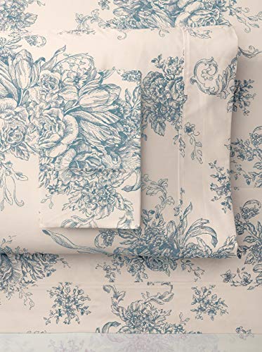 Melange Home Toile 400 Thread Count Cotton Sheet Set, Queen, Light Blue