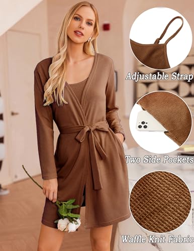 Image of Ekouaer Pajamas for Women Set 3 Piece Lounge Set Soft Pajama Sets Waffle Knit Tank Top and Shorts Cardigan with Pockets S-XXL