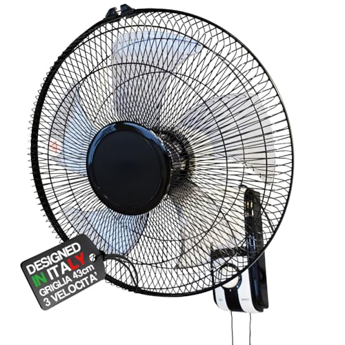 BAKAJI Wandventilator mit Gitter von 43 cm und 3 wählbaren Geschwindigkeitsstufen, Wandkühler mit 5 Flügeln aus Polypropylen, 65 Watt Leistung mit automatischer seitlicher Oszillation