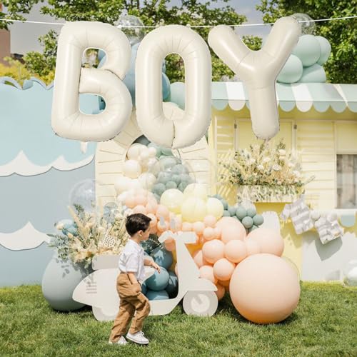 Image of 40 Inch Beige BOY Balloons, Large Cream White Sand BOY Balloon Letters with Ribbon, Ivory Alphabet Boy Balloon for Him Birthday Baby Boys Shower Boy or Girl Gender Reveal Party Decorations Supplies