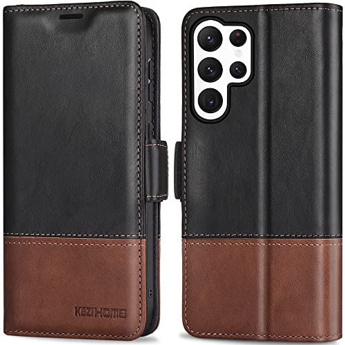KEZiHOME for Galaxy S23 Ultra Case Genuine Leather [RFID Blocking] Wallet Case Card Slot Flip Magnetic Stand Cover Compatible with Galaxy S23 Ultra (Black/Brown)