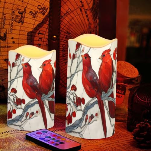 Image of Glass Cardinal Electric Flameless Candles Set of 4 | Xmas Battery Operated Candles with Remote Control, Electric Pillar Candles for Holiday Party, Living Room Decorations