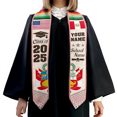 MonkeyVan Personalized Peruvian Graduation Sash, Custom Peruvians American Flag Graduation Stole 2025, Peru Graduation Stole S372