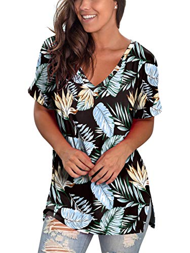 Image of Sampeel Women's V Neck T Shirts Casual Rolled Short Sleeve Side Split Summer Tops Loose Fit