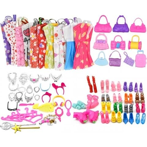 Pagezol 70pcs Doll Clothes and Doll Accessories Set, Doll Clothes Fashion Outfit, 10 Dresses + 10 Handbags + 20 Shoes + 30 Jewelry Accessories for Girls Birthday Gifts Cover