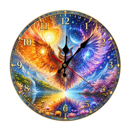 whqhup Owl with Dual Wings Over Lake and Mountains Round Wooden Wall Clock for Living Room, Bedroom, Kitchen