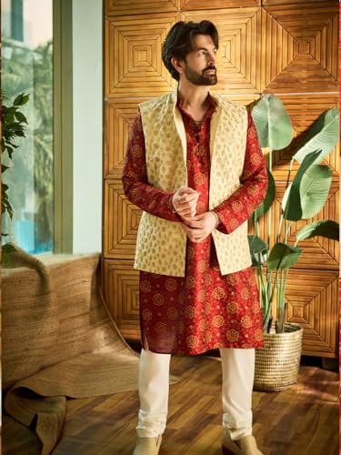 Image of SOJANYA (Since 1958 Men's Silk Blend Printed Maroon Kurta & Beige embroidery Nehru Jacket With Off White Churidar Pyjama