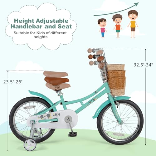 Image of BABY JOY Retro Kids Bike, 12 14 16 18 Inch Child Bike for 3-8 Years Old w /Rattan Basket, Adjustable Height, Training Wheels, Fenders, Handbrake Coaster Brake, 95% Pre-Assembled Kids Bicycle for Girls