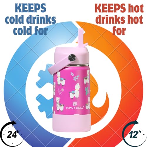 Image of TOM & BELL Insulated Water Bottle for Kids 350ml,Double Wall Water Bottle for School, Sipper Bottle,Hot and Cold, Premium 304 Stainless Steel, with silicon bottom sleeve(Alpaca350, 350 ml)