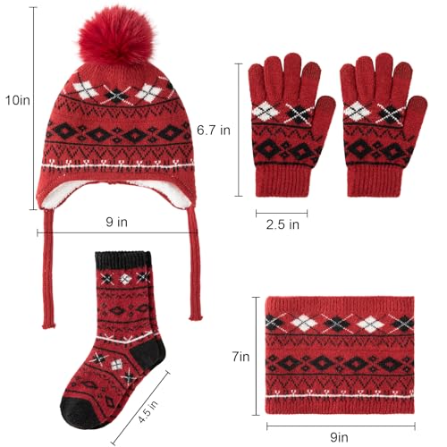 Comfoex 4 Pcs Kids Winter Beanie Hat Gloves Scarf Sock Set Neck Warmer Gaiter Knitted Fleece Lined Thermal Set for Boys Girls2