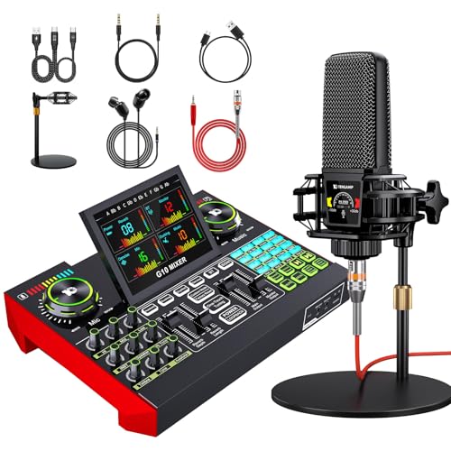 Podcast Equipment Bundle with 3.5mm Microphone and Live Sound Card, Audio Interface Mixer Sound...