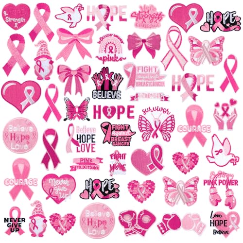 Yuxung 48 Pcs Breast Cancer Awareness Iron on Patches Pink Ribbon Sew Iron on Applique Embroidered Patches Decorative Repair Patch DIY Crafts Accessories Gift for Clothing Hat