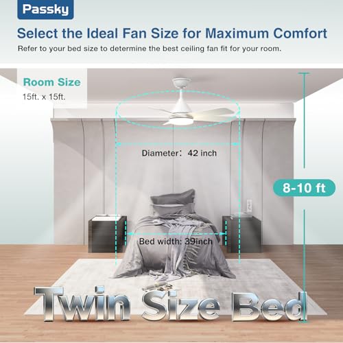 Image of Passky Ceiling Fans with Lights, 42 inch Sleek Ceiling Fan with Light and Remote Control, 3CCT, Dimmable, Reversible, Noiseless, White Ceiling Fan for Bedroom, Living Room