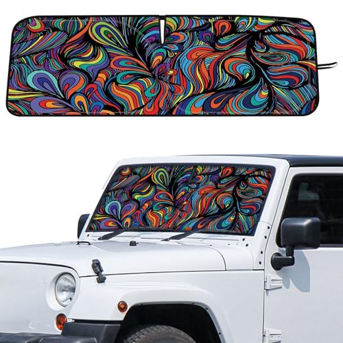 DaisyInner Windshield Sun Shade Compatible with Jeep Jk Jku Jl Jlu 1997-2023 and Compatible with Gladiator Jt 2020-2023 Foldable Windshield Sunvisor Blocks UV Rays (Abstract 16.5 x 52.5)