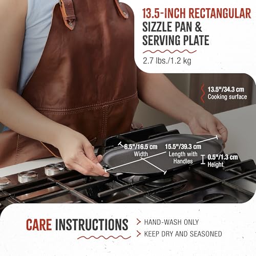 Image of Victoria 13.5-Inch Rectangle Cast Iron Sizzle Pan, Preseasoned Grill and Baking Pan for Fajitas and Steaks, Made in Colombia