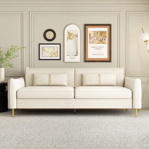 Goohome Tufted Couch, Chesterfield Velvet Upholstered 3-Seater Comfy Sofa, Living Room Furniture Sets, with Solid Wood Frame and Gold Legs, Fit for Bedroom, Office, A-Beige