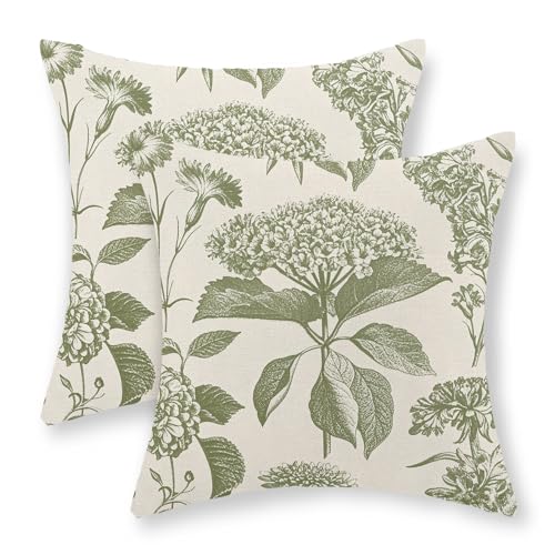 GOLIANDA Sage Green Pillow Covers 18x18 Set of 2 Boho Floral Hydrangea Herbs Botanical Throw Pillow Cover Outdoor Decoration Pillow Cases Vintage Flower Linen Cushion Case Decorative for Couch Sofa