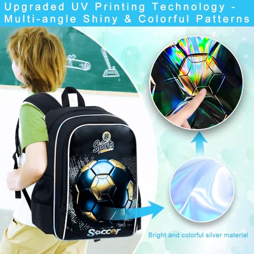 Image of gxtvo 3PCS Soccer Bookbag for Boys, 17 inch Kids Football Backpack with Lunch Box, Water Resistant Middle Elementary Letter School Bag - Blackgold Football