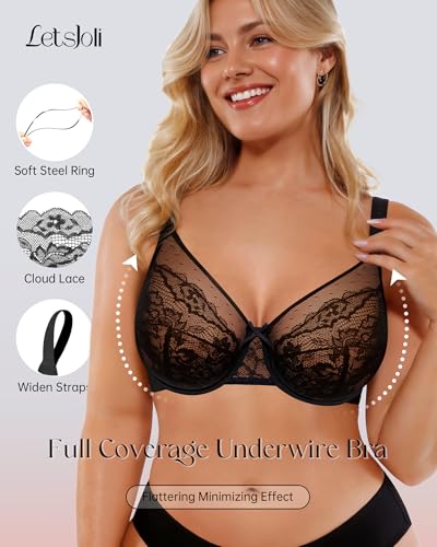 Image of LetsJoli Minimizer Bras for Women Full Coverage Lace Underwire Plus Size | Supportive Bras for Older Women, Unlined Cup, Cool Soft Comfort, Tshirt Everyday Bra, Sexy