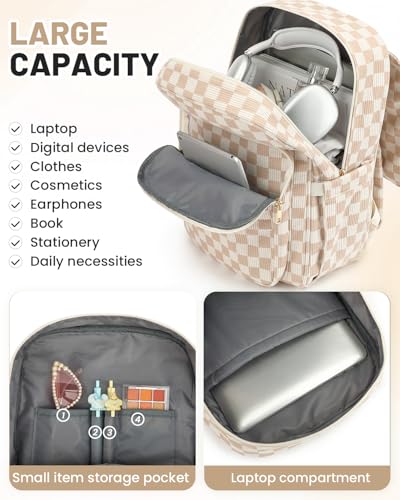 Image of Corduroy Laptop Backpack for Women, Fits 15.6 Inch Computer Bag, College Bookbag Travel Daypack Purse, Work Business Bags - Corduroy Checkered Brown