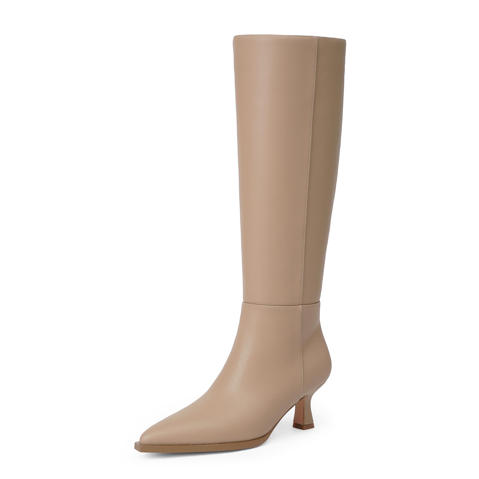 Modatope Knee High Boots Kitten Low Heel Faux Leather Pointed Toe Side Zipper Fall Long Tall Boots for