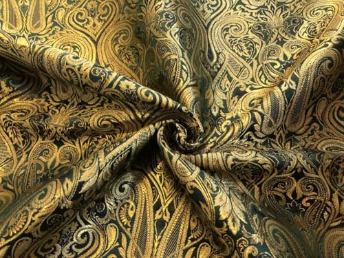 Tissu brocart de soie jacquard doré vert bouteille à tissage relief dense