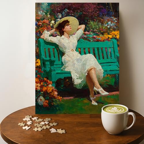 Femme robe blanche relaxant jardin puzzle 500 pièces 20x15 po