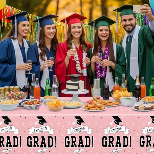 Image of 2 PCS Graduation Tablecloth, 108 inch X 54 inch Pink Graduation Decorations 2026, Disposable Plastic Tablecover for Class of 2026 Congrats Grad, Rectangle Table Covers for Grad Decor Party Supplies for Kids