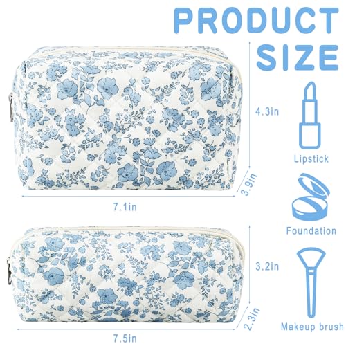 ZLFSRQ 2Pcs Floral Makeup Bag Cute Quilted Makeup Bag Preppy Pencil Pouch Small Cosmetic Bags Aesthetic Travel Toiletry Bags Preppy Pen Pouches Makeup Pouch for Purse Zipper Skincare Storage Organizer3