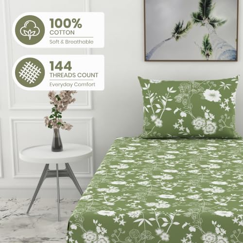 Image of LORETO - A QUALITY LINEN BRAND 144 TC 100% Pure Cotton Single Fitted Bedsheet with 1 Pillow Cover for 72 x 36 Inch Mattress, All-Around Elastic, 8 Inch Deep Pocket, Olive Green Floral Whisper