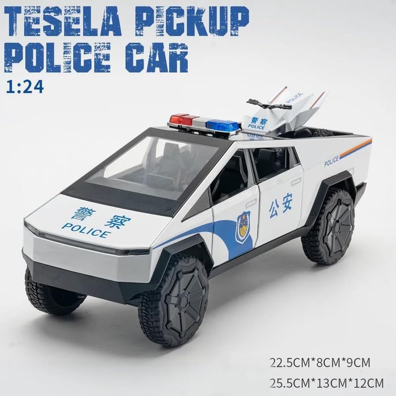 Image of Play Boy 1:24 Tesla Police Truck Model Diecast Metal Alloy Pullback Toy Vehicle with Openable Doors Light and Music Car for Kids (Multicolor)