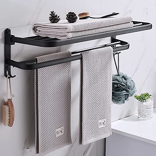 Senhilleu 60cm Toallero de Baño Aluminio Doble Barra de Toalla Estante De Toallero Estante de Almacenamiento Plegable Montado en la Pared con Ganchos