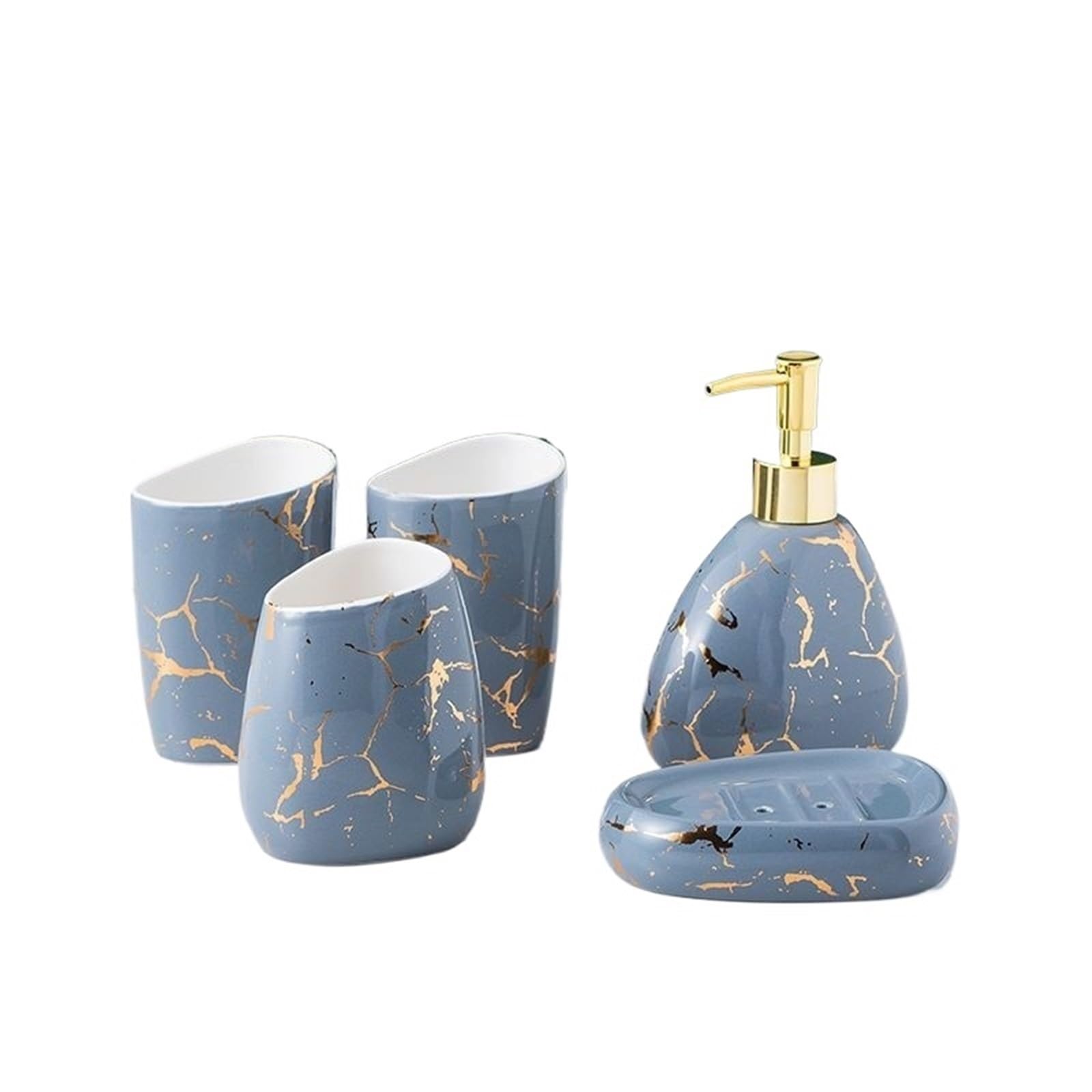 Soap Dish Set Gold Plated Marbled Ceramic Lotion Bottle Bathroom Supplies Mouthwash Cup Toothbrush Soap Dish Set(Color5)