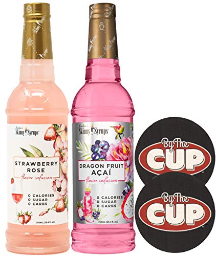 Jordan s Skinny Syrups Sugar Free Strawberry Rose and Dragon Fruit Acai Flavor Infusions 750 ml Bottles with 2 By The Cup Coasters