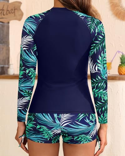 Aqua Eve Women Two Piece Rash Guard Long Sleeve Swimsuit Swim Shirt with Shorts Modest Bathing Suit UPF 50+ Blue Leaf M