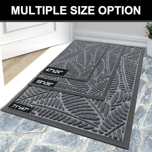 Colorxy Waterproof Doormat, Sturdy Natural Rubber Front Indoor Mat, Non Slip Low Profile Indoor Outdoor Door Mats, Stain and Fade Resistant Floor Mat, Easy Clean Patio Entrance Mat, 59''x36'', Grey