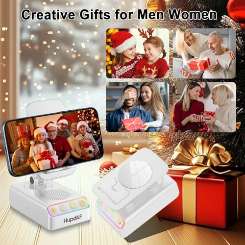 Image of Adjustable Cell Phone Stand with Wireless Induction Bluetooth Speaker, HD Surround Sound & RGB Rhythm Lights, Foldable Portable Stand for Desk, Kitchen Counter, Home Office, Gift for Men Women Dad Mom