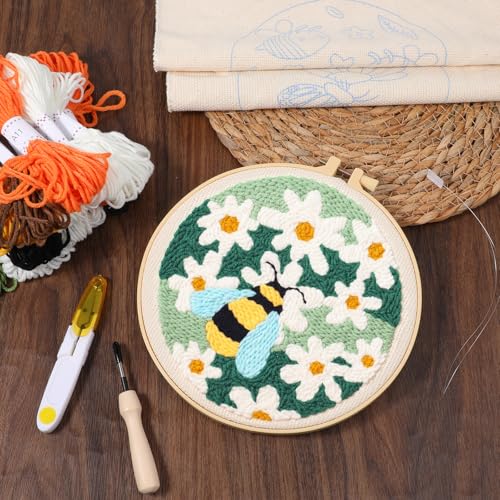 Image of 3 Pcs Punch Needle Kits, 7.87 Inch Cute Floral, Bees and Butterfly Punch Needle Kit for Adults Beginner Children Needles Punching kit with Embroidery Hoop, Instruction, Fabric, Sewing Needles, Yarns