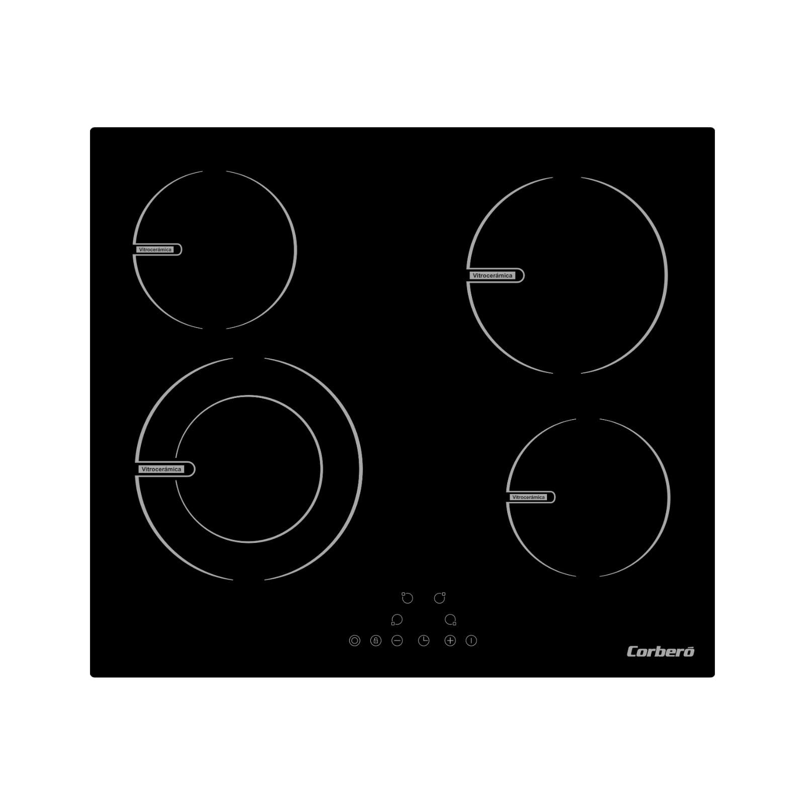 Corberó – Placa Vitrocerámica | CCVG4645 | 4 Zonas de Cocción | Potencia 6400W | Control Táctil | Temporizador 99 Min | Bloqueo Infantil | Desconexión Automática | Negro