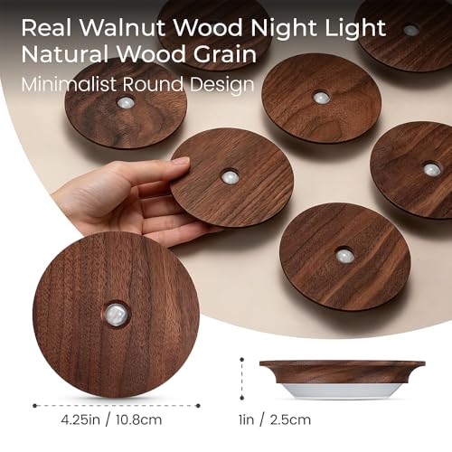 Image of Motion Sensor Night Light Wood Rechargeable Battery-Powered Stick-On Step Lights Magnetic Closet Warm Nightlight for Hallway Bedroom Stair (2 Pack Black Walnut)