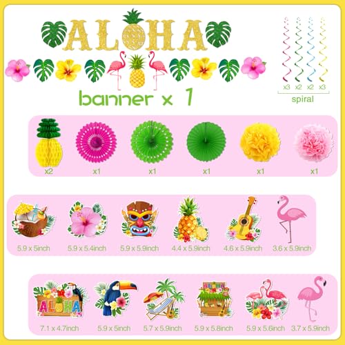 Image of Hawaiian Party Decorations, Luau Decorations includes Glitter Aloha Banner Tropical Hawaii Hanging Swirls and Tissue Pom Poms, Hawaiian Luau Decorations for Summer Tropical Beach Tiki Bar Party