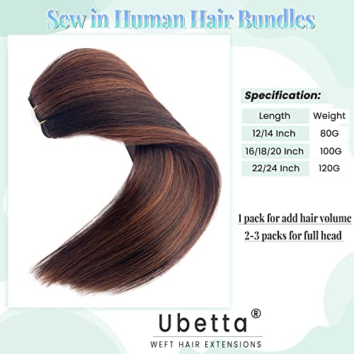 Image of Sew in Hair Extensions Real Human Hair,Weft Hair Extensions Human Hair 14 Inch 80G Dark Brown Balayage Auburn Brown Highlights Hand Tied Weft Hair Extensions Human Hair Bundles Sew in Weft Extensions