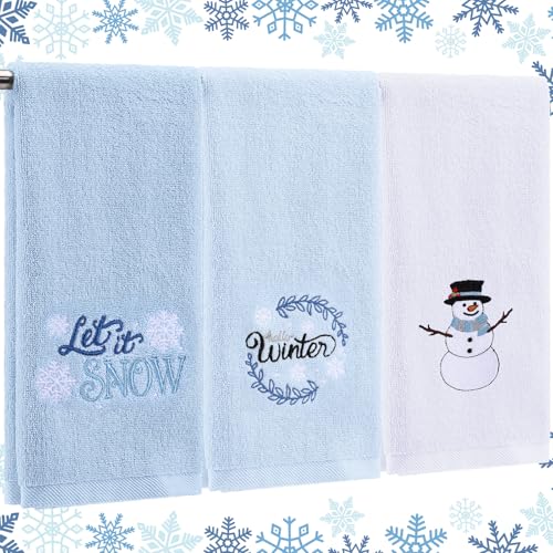 Fanfanwin 3 Pcs Winter Hand Towels for Bathroom Winter Blue Snowflake Hand Towels Snowman Embroidered 100% Cotton Soft Absorbent Decor for Holiday Kitchen 13.8 x 29.5