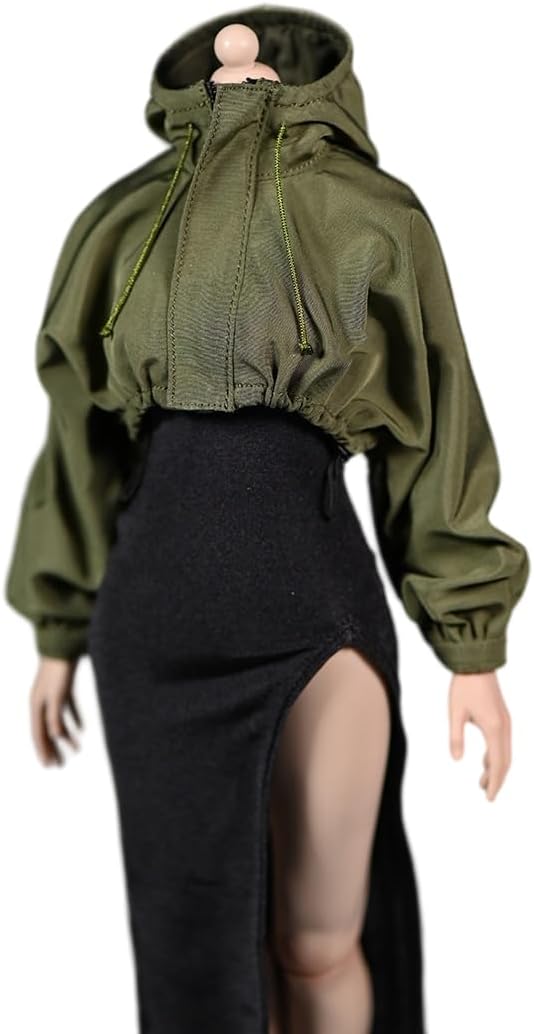 Fremego 1/6 Scale Female Clothes,Female Short Functional Tops Tactical Coat Hooded Zipper Tops Clothing for 12inch PH TBL JO Worldbox Action Figure (Black)