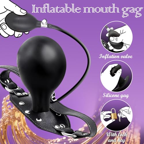 Image of Inflatable Dildo Gag Silicone Mouth Gag Bondage Gear Restraints Adjustable Strap on with Lock Open Mouth Plug Ball Bag Bondage Gags Mouth Sex Toys Adult BDSM Sex Toys for Fetish Couples Women Men