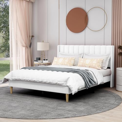 Image of AGARTT Upholstered Platform Bed Frame Queen Size, White Linen