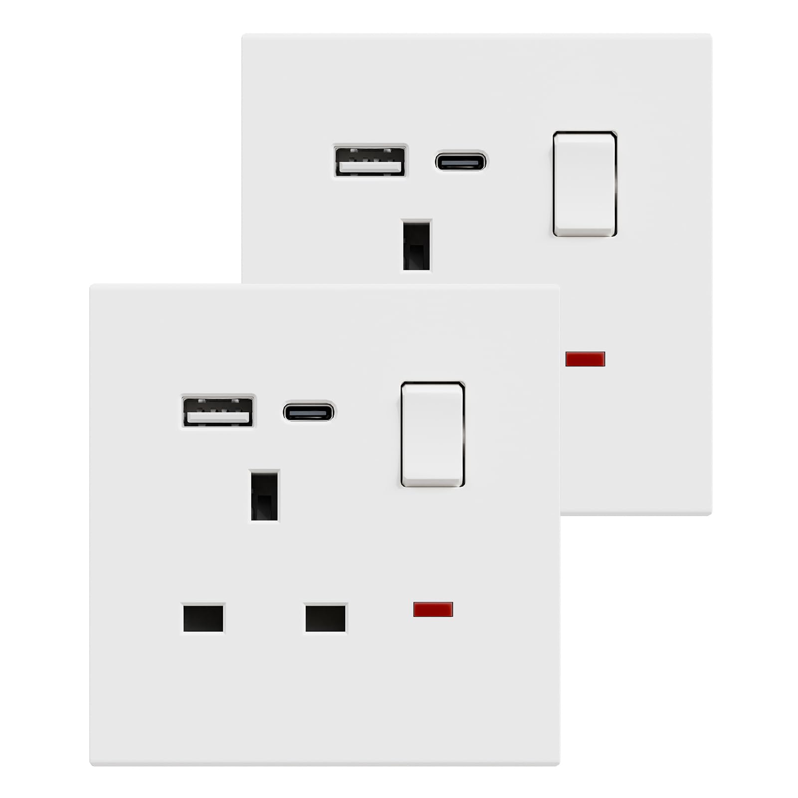 BSEED Single Socket with USB C 2 Pack, Electrical Single Switched Power Plug Wall Socket with LED Indicator, PC Wall Plate Outlet, White, 13A