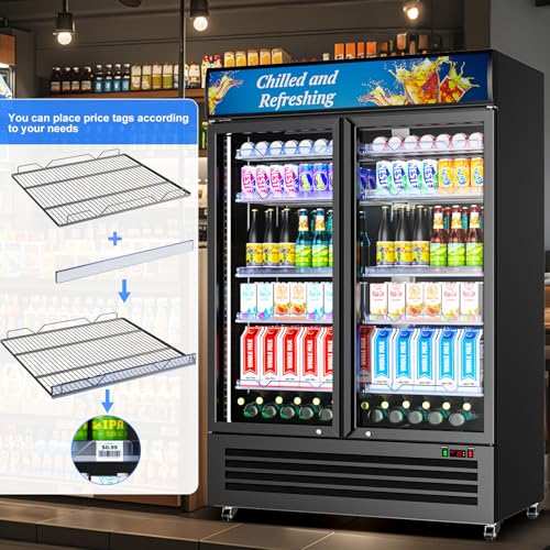 Image of Commercial Beverage Refrigerator with 2 Glass Door, 383L Display Fridge Beverage Cooler with Customizable Lightbox Adjustable Shelves, Drink Fridge Merchandiser for Restaurant Shop, Black