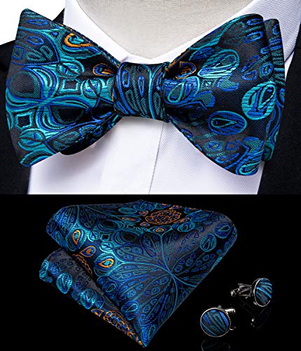Image of DiBanGu Men Bow Tie Paisley Striped Self-Bow Tie for Men and Silk Woven Bowtie Pocket Square Cufflinks Wedding Party